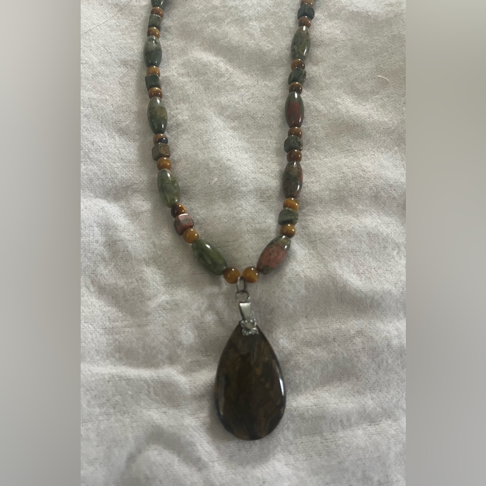 Artisan Tiger’s Eye & Calligraphy Stone Necklace | Silver Accents